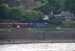 Über den Rhein geschaut: eine Vectron der MGW bespannt einen Schüttgutwagen-Ganzzug in Fahrtrichtung Koblenz.