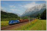 MWB 1116 912 mit dem Stahlbrammenleerzug 95015 nach Leoben-Donawitz am 22.8.2008 kurz vor Bischofshofen mit dem Tennengebirge im Hintergrund.