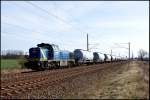 MWB V 2304 durchfhrt mit einem Leerzug von Sassnitz-Mukran nach Itzehoe am 16.03.2009 den Bahnhof Martensdorf.