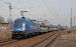 1116 911 der mwb fuhr am 08.04.13 mit einem BLG-Autozug durch Eilenburg Richtung Halle/Leipzig.