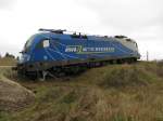 Die bei Rangierarbeiten ber den Prellbock geschobene MWB 1116 911-8 am 11.10.2013 im Gterverkehrszentrum Erfurt-Vieselbach. Stelle von einem Feldweg aus freizugnglich.