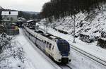 Am 01.02.2019 verlässt ein National-Express-Doppel mit ET 375 an der Spitze den Bahnhof Ennepetal-Gevelsberg.