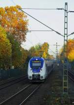 Im Zusammenhang mit der Übernahme des RE 7 und der RB 48 ab Dezember 2015 führt National Express zur Zeit Testfahrten durch, hier durchfährt ET 868 am 01.11.2015 Erkrath