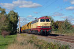 218 105 der NeSa führte am 04.10.20 einen Speno-Schleifzug durch Greppin Richtung Bitterfeld.