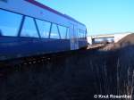 PEG-Regioshuttle von Meyenburg (Prignitz) nach Neustadt (Dosse) am Sonntag, 16. Januar 2005 um 15:14 Uhr, bei der Einfahrt in den Haltepunkt Falkenhagen (Prignitz).