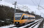 NEB Betriebsgesellschaft mbH, Berlin mit dem  angemieteten Talent  VT 643.05BD  (NVR:  95 80 0643 362-6 D-PEG.... ) als RB 12 Richtung Bahnhof Berlin Lichtenberg am 14.02.25 Einfahrt Bahnhof Berlin Hohenschönhausen.