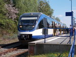 Der NEB VT738 im Endbahnhof der Heidekrautbahn,am 07.Mai 2016,in Groß Schönebeck.