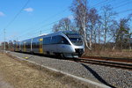 Der VT 0014 (643 122-4 NEBB) der Niederbarnimer Eisenbahn als RB12 von Templin Stadt nach Berlin Ostkreuz in Nassenheide am 16.03.2016.