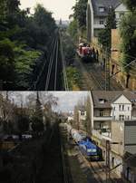 Die Düsseldorfer Güterumgehungsbahn einst & jetzt: Oben ist 290 051-6 Ende der 1980er Jahre solo in Richtung Lierenfeld unterwegs, unten befährt die NIAG 1 mit dem Sodazug aus Millingen