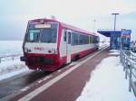 Jenbacher Triebwagen T4 der Norddeutschen Eisenbahn Gesellschaft im Bahnhof Dagebll-Mole.