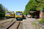 In den Bf. Hagenow Stadt ist der ODEG Sonderzug von Zarrentin eingefahren und auf Bahnsteig 2 steht ODEG R3 nach Neustrelitz bereit.