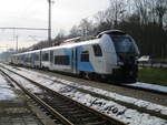 Der nach einem Zusammenstoß mit einem LKW,am Bahnübergang in Altheide,beschädigte ODEG 4746 301 stand,am 18.Februar 2021,in Gelbensande.