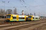 ODEG´s im Bahnhof Neustrelitz vor dem Wasserturm.