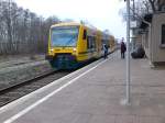 09.03.2011 - Ein Triebwagen der ODEG (VT 650.59) kommend aus Berlin-Lichtenberg am Bahnhof Letschin.