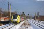 ES 64 U2 - 011 (182 511-6) MRCE Dispolok GmbH fr ODEG - Ostdeutsche Eisenbahn GmbH mit dem RE4 (RE 37316) von Ludwigsfelde nach Rathenow, bei der Einfahrt in Rathenow.