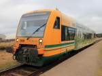 Bahnhof Spornitz in Mecklenburg Vorpommern, Einfahrt VT 650.90 der ODEG -  als R3 (OE 79676 ) nach Hagenow Stadt am 05. Februar 2013. 