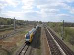 RE 4 aus Richtung Rathenow bei der Einfahrt in den Bahnhof Elstal am 19.4.2015 (Aufnahmestandort: Öffentliche Fußgängerbrücke über das RLC Wustermark).