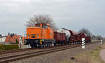 106 756 der Press rollte am 02.03.19 mit dem Fotogüterzug südlich von Köthen Richtung Bernburg.