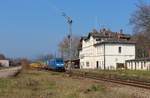 285 104-2 (Press) mit einem Bauzug zu sehen am 06.04.19 in Pößneck oberer Bahnhof.