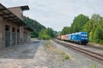 253 014 der PRESS für Metrans mit einem Elbtalumleiter Containerzug bei Arzberg Richtung Cheb, 27.07.2019