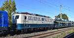 Eisenbahnbau- und Betriebsgesellschaft Pressnitztalbahn mbH, Jöhstadt (PRESS) mit ihrer schönen  110 511-3  (NVR:  91 80 6110 511-3 D-PRESS ) und einem PKW-Transportzug am Haken von  140