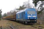 Press 253 014 (223 051) kommt mit einem Holzzug vom Binnenhafen Eberswalde auf der Industriebahn angerollt 24.11.2010