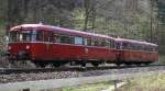 996 701-8 und 796 739-0 der Press bei einer Sonderfahrt am 17.4.2012 im Elbsandsteingebirge, hier kurz vorm Bahnhof Rathen Richtung Tschechien.