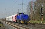 Dieselpower in Ratingen-Lintorf: Recht häufig sind hier die G1206 von Vossloh anzutreffen, am 05.04.2023 ist die Railflex 2 (92 80 1275 003-7 D-RF) mit einem kurzen Kalkwagenzug zu den Kalkwerken in Rohdenhaus unterwegs