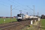 Railpool 187 312, vermietet ab LTE, mit GATX-Kesselwagenzug in Richtung Minden (bei Stadthagen, 27.02.19).