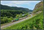 Unterhalb der Burgruine Hammerstein nahe Leutesdorf zieht die Railpool-Mietlok 186 457-8 einen Containerzug rheinaufwärts.