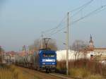 145-CL 206 der RBH schleppte 03.04.09 einen Kesselwagenzug von Stendell nach Rostock hier kurz hinter dem Hbf Stralsund.