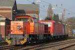 RBH 829 rangierte mit RBH 130 und RBH 116 im Schlepp am 29.1.14 in Gladbeck-West.