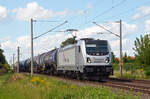 187 075 von Rheincargo schleppte am 11.08.24 einen Kesselwagenzug durch Greppin Richtung Bitterfeld.