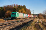 185 610 und 186 297 für RTB Cargo mit einem Containerzug bei Postbauer-Heng Richtung Nürnberg, 24.02.2019