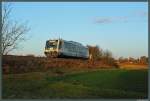 Am 08.12.2014 verlässt 654 014 der Rurtalbahn im letzten Tageslicht als VE 81202 Pretzsch Richtung Bad Schmiedeberg.