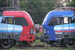 Gleich zwei bunte SBB Vectrons trafen sich am Abend des 12.5.19 in Duisburg-Ruhrort Hafen