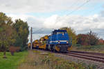 275 846 der Spitzke schleppte am 11.10.20 einen Bauzug zur Schwellenverlegung durch Greppin Richtung Bitterfeld.