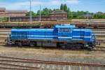 Vossloh Lok der Firma Spitzke auf dem Bahnhof Waren Müritz abgestellt.