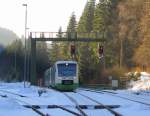 STB VT 125 + VT 103 als STB 80556 von Meiningen nach Erfurt Hbf, am 16.12.2013 bei der Einfahrt in Oberhof (Thr).