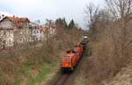 203 28 und 203 29 SWT zu sehen am 09.04.22 mit einem Stahlzug Cheb/Cz- Könitz in Pößneck.