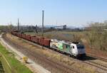 76 111 (SWT) mit der neuen Werbung war am 06.04.23 mit dem leeren Schrottzug von Könitz nach Cheb/Tschechien in der Ausfahrt Könitz zu sehen.