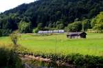 Vor wenigen Minuten hat dieser Integral der BOB am 18.08.2013 den Bahnhof Fischhausen-Neuhaus verlassen und sich auf den Weg nach Fischbachau gemacht