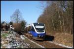 Nord West Bahn VT 643312 fährt am 4.2.2015 um 12.46 Uhr aus dem Haltepunkt Osnabrück - Sutthausen in Richtung Bielefeld weiter.