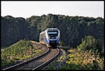 VT 6423312 hat den Teutoburger Wald überquert und kommt am 15.9.2016 um 9.04 Uhr bei Wellendorf in Richtung Osnabrück fahrend die Rampe herunter.