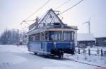 T 6 der Trossinger Eisenbahn im Februar 1991 auf dem Abfahrtsgleis gegenüber des Staatsbahnhofes Trossingen (Strecke Rottweil - Villingen).