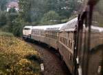 Reisezug Richtung Grvenwiesbach, vor Einfahrt in den Hasselborner Tunnel, 1. Hlfte der 1980iger Jahre.