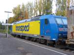 BR 185 518-8 der TX Logistik mit  transped  Beschriftung wartet auf ihre Weiterfahrt im Bahnhof Eschwege West. Sept. '08.