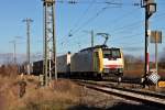 Am 07.12.2013 fuhr ES 64 F4-096  Blumi on Tour  mit einem KLV durch den Bahnhof von Müllheim (Baden) gen Basel.