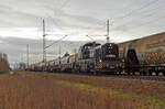 Dem Freightliner-Zug kam am 22.02.24 4185 143 der Willke Logistics mit einem Flachwagenzug Richtung Wittenberg entgegen. Fotografiert in Gräfenhainichen.