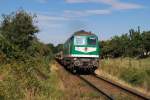 232 405 (V300 002) der Wismut mit G 66242 bei Dobraschtz (06.08.2008)